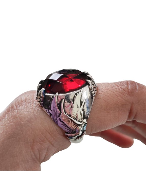 Red Garnet Ring, Silver Jewelry, 925 Silver Ring, Father's Day, Checker Garnet Eagle Claw Ring, January Birthstone Ring, Heavy Mens Ring, Spiritual Healing Gemstone, Christmas, Designer Mens Ring