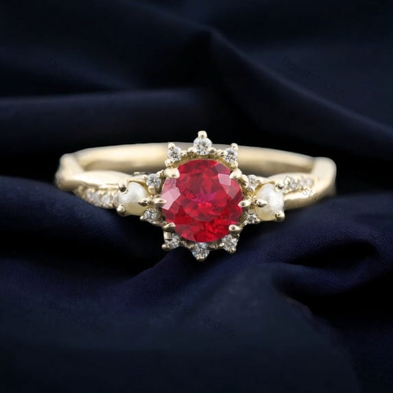 Red Garnet Twisted Ring Diamond Pearl Gold Ring Art Deco Wedding Jewelry Women Promise Ring Unique Halo Bridal Ring January Birthstone Gift