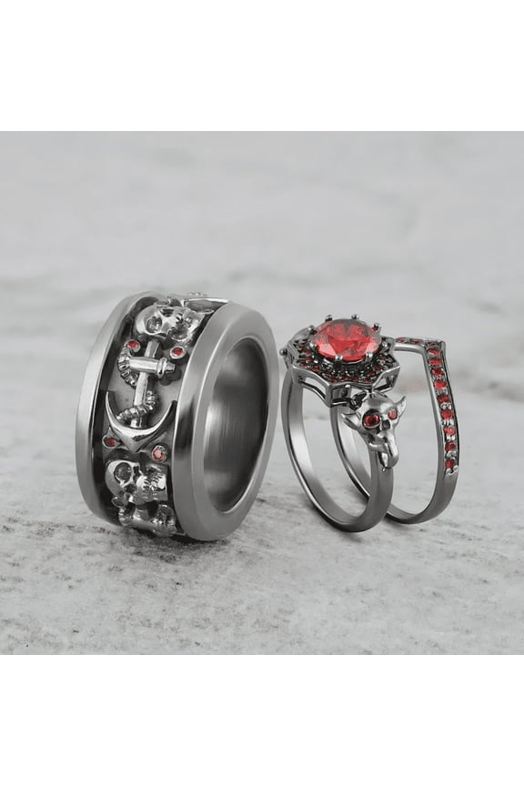 Red Garnet Vampire Skull Wedding Ring Set - His and Hers Till Death Matching Trio Couple Rings - Anchor Band - Dark Vampire Queen Inspired Skull Ring for Women