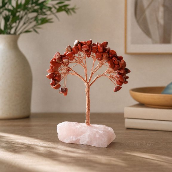 Red Gemstone Tree of Life, Copper Wire Crystal Bonsai on Raw Stone Base for Office Desk, Shelf, Table and Home Decor, 4.72 in