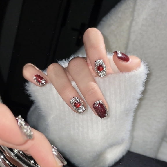 Red Gentle Buccellati Style Nail Art Autumn and Winter Spar Cat's Eye Wearing Nail Handmade Short Removable Explosion