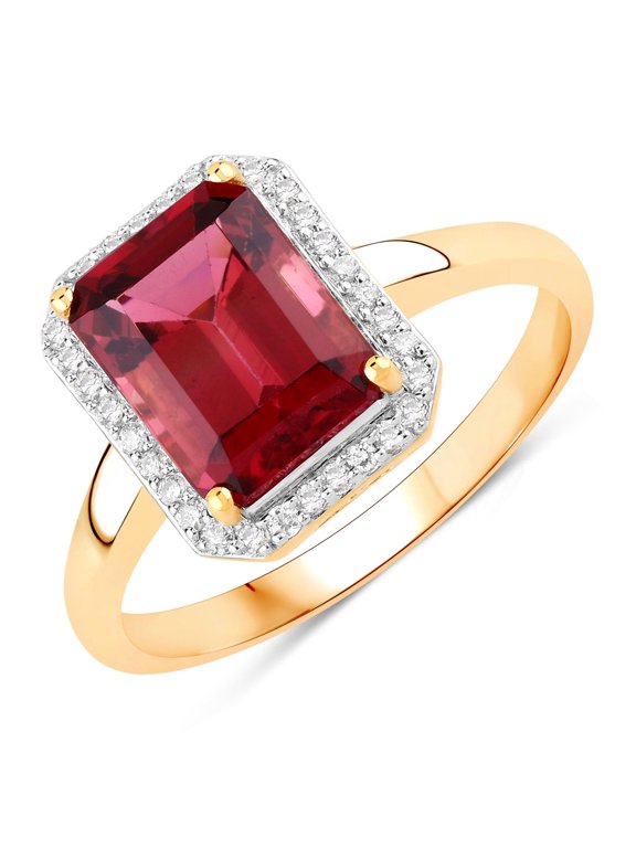 Red Genuine Rubellite and White Diamond 14K Gold Octagon Halo Ring