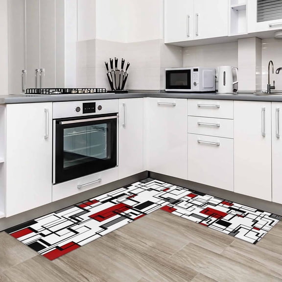 Red Geometric 2 Pieces Non-Slip Kitchen Mat Set Modern Black Gray Abstract Striped Art Soft Door Mat with Rubber Backing,Dirtproof Rugs for Entrance Doorway 23.6x35.4in+23.6x70.9in