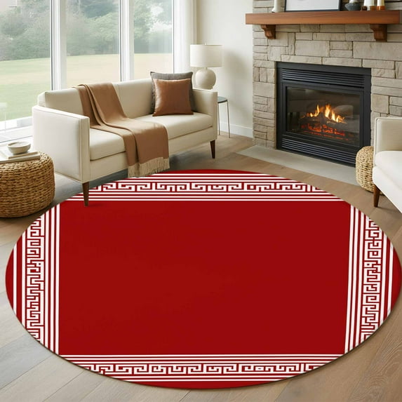 Red Geometric 5ft Round Rug, White Greek Key Design Abstract Modern Art Non-Skid Rubber Backing Large Area Rugs - Living Room Bedroom Home Office, Indoor Floor Mat Carpets Washable Rug