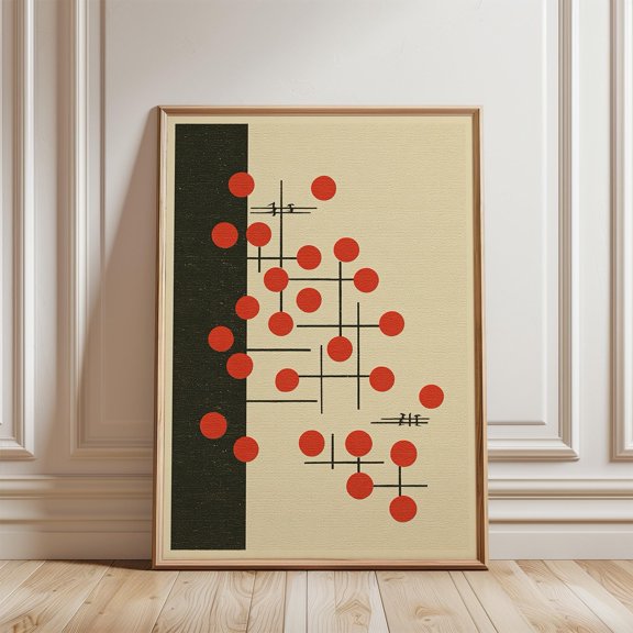 Red Geometric Abstract Poster, Japanese Modern Line Network, Mid Century Graphic Art, Poster Only