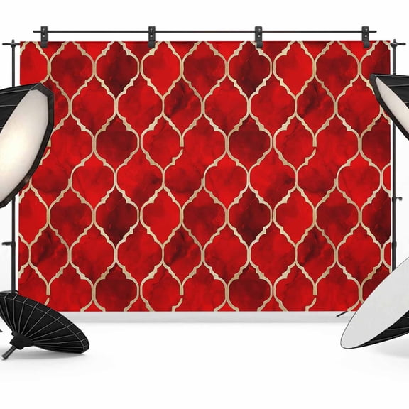 Red Geometric Backdrop for Photoshoot, Photography Photo Studio Background Wall Backdrop, Modern Morocco Abstract Art Back Drop Banner Panel for Portraits Wedding Party Live Streaming Decor 8x6Ft