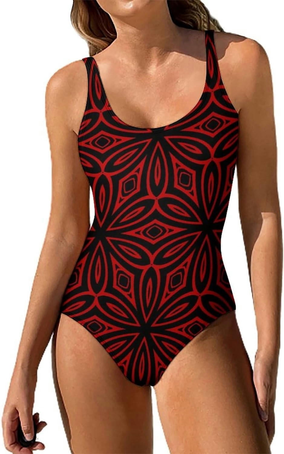 Red Geometric Bandana Print Women's One Piece Swimsuit Tummy