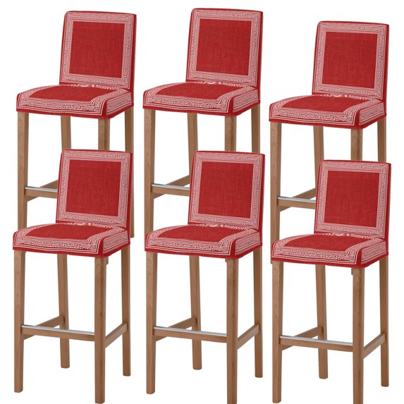 Red Geometric Bar Stool Cover Set of 6, White Greek Key Design Burlap Modern Art Stretch Bar Chair Cover, Removable Washable Pub Counter Stool Chair Slipcover for Kitchen Dining Room Pub Cafe