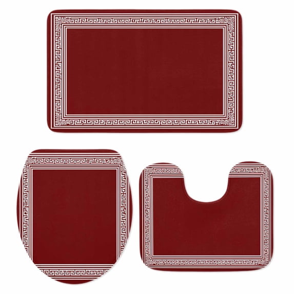 Red Geometric Bath Mat 3 Piece Bathroom Rug Set, Country Farm Traditional Chinese Tile Non Slip Bath Rug Contour Mat and Toilet Lid Cover, Absorbent Shower Mats Soft Bath Rugs and Mats Sets