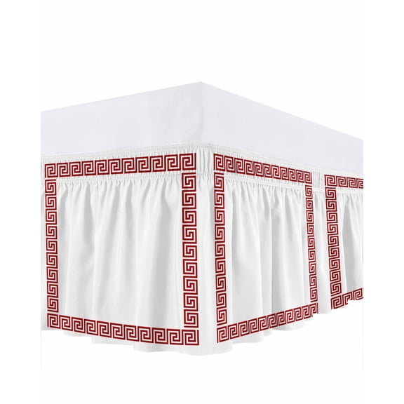Red Geometric Bed Skirt Greek Pattern Chinese Bed Skirts Queen Size 18 Inch Drop, Wrap Around Dust Ruffle Bedskirt with Adjustable Elastic Belt for Queen Size Beds