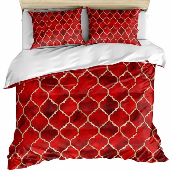 Red Geometric Bedding 3 Piece Duvet Cover Set Full Size, Modern Morocco Abstract Art Soft Microfiber Comforter Cover with Zipper Closure & Pillowcases, Wrinkle & FadeResistant Quilt Cover
