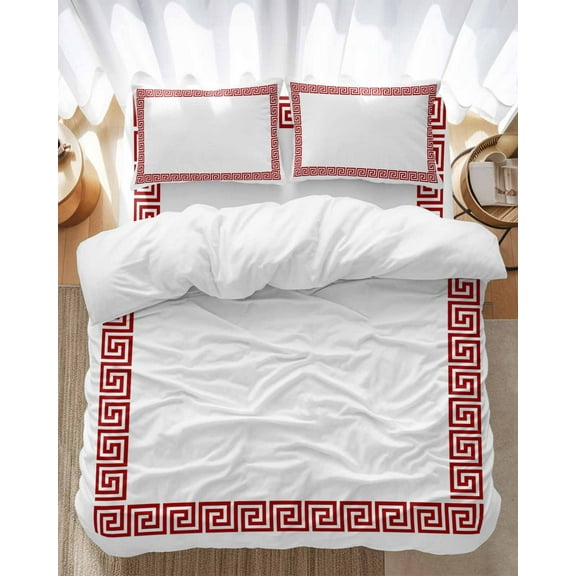 Red Geometric Bedding Duvet Cover Set Twin Size 4 Pieces Greek Pattern Chinese Soft Twill Plush Quilt Cover, Include 1 Duvet Cover 1 Flat Sheet And 2 Pillow