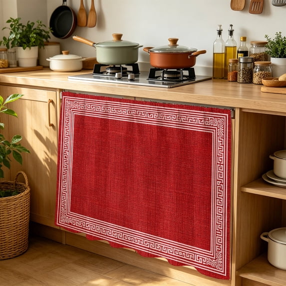 Red Geometric Cabinet Curtains 35"W x 35"L, White Greek Key Design Burlap Modern Art Sink Skirt for Bathroom Kitchen Self Adhesive, Desk Privacy Short Curtain for Under Sink Classroom Closet