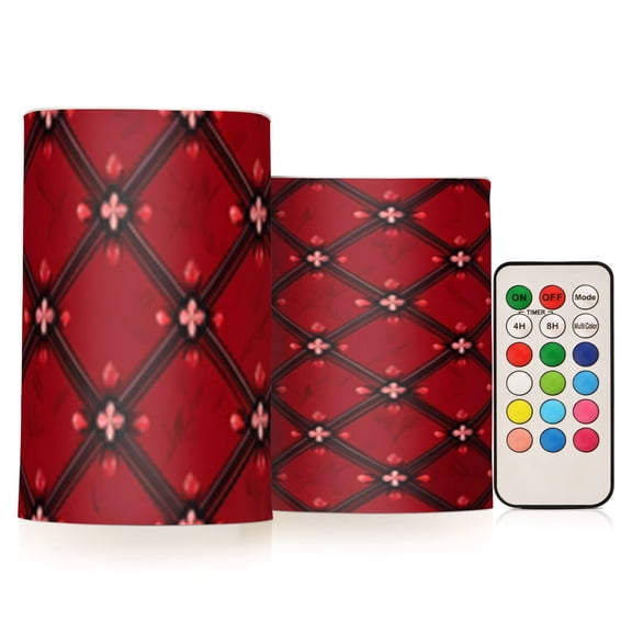 Red Geometric Flower Flickering Flameless Candles Battery Operated with Remote Timer LED Pillar Candles Set of 2