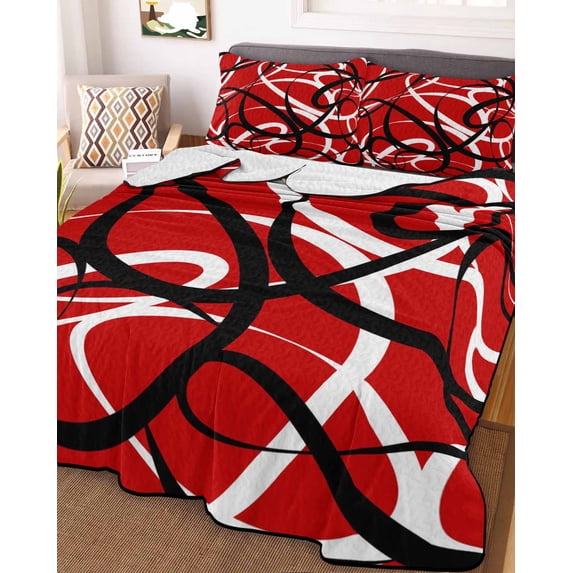 Red Geometric Full Size Down Alternative Comforter, Lightweight Comforter Quilt Bedding Set with Pillow Shams Modern Abstract Black White Striped Lines All Seasons Bed Comforter Duvet Insert 78"x90"