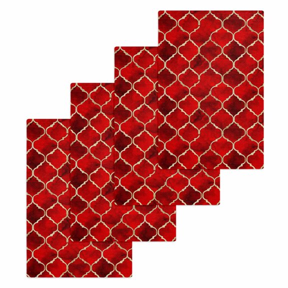 Red Geometric Hand Towels Set, Waffle Weave Kitchen Towels 4 Pieces, Modern Morocco Abstract Art Microfiber Hair Face Bath Tea Towel Absorbent Quick Drying Cleaning Dish Cloths, 15.7"x23.6"