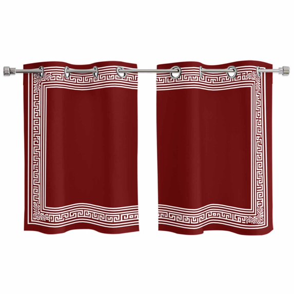 Red Geometric Kitchen Curtains Small Short 39 Inch Length, Country Farm Traditional Chinese Tile Grommet Top Bedroom Living Room Curtains, Light Filtering Cafe Curtain Drapes 2 Panels Set 55''x39''