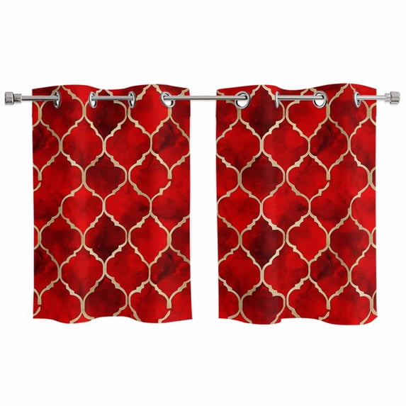 Red Geometric Kitchen Curtains Small Short 39 Inch Length, Modern Morocco Abstract Art Grommet Top Bedroom Living Room Curtains, Light Filtering Cafe Curtain Drapes 2 Panels Set 55''x39''