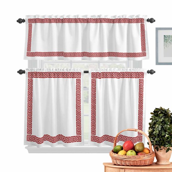 Red Geometric Kitchen Curtains Valances 3 Piece Set, Greek Pattern Rod Pocket Tier Curtain and Valance Drapes for Small Window 24 Inch Length for Bedroom Cafe