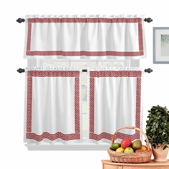 Red Geometric Kitchen Curtains Valances 3 Piece Set, Greek Pattern Rod Pocket Tier Curtain and Valance Drapes for Small Window 36 Inch Length for Bedroom Cafe