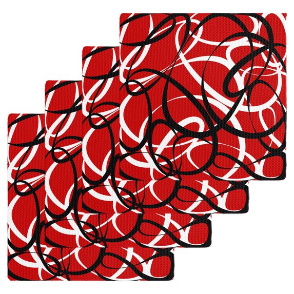 Red Geometric Kitchen Dish Towels for Drying Dishes Set of 4, Modern Abstract Black White Striped Lines Waffle Weave Microfiber Hand Tea Bathroom Towels Quick Dry & Absorbent Towel 12x12
