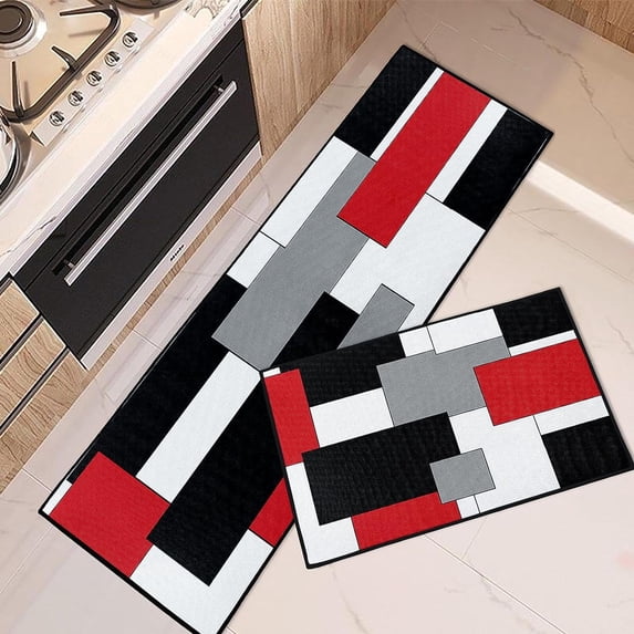 Red Geometric Kitchen Rugs and Mats Non Skid Washable Set of 2, Checked Black Grey Kitchen Mats for Floor, Rustic Kitchen Runner Rug, Modern Abstract Kitchen Decor