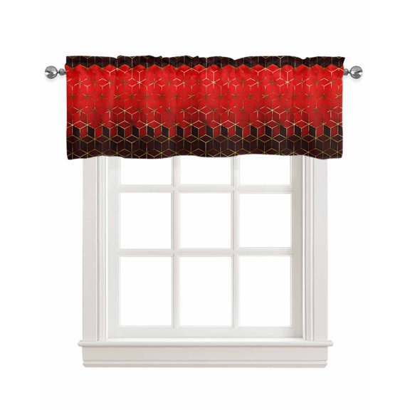 Red Geometric Kitchen Valances for Windows Farmhouse Linen Window Valance Curtain for Living Room Window Treatment Gradient Black Gold Mottled Comb Grid Valance Rod Pocket Topper Drape, 42 x 18 Inch