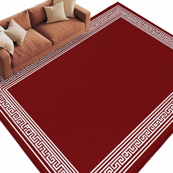 Red Geometric Large Area Rugs for Bedroom Living Room, Soft Non Slip Carpet Bedside Rug, Country Farm Traditional Chinese Tile Rectangular Floor Cover Kitchen Accent Rug 5'x7' for Dining Room/Office