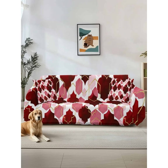 Red Geometric Moroccan Couch Cover for Dogs, Abstract Art Red Ombre Modern Washable Sofa Covers Slipcover for Pets Dogs Futon Cover, Couch Recliner Covers, Oversized Chair Slipcover 71"x91"