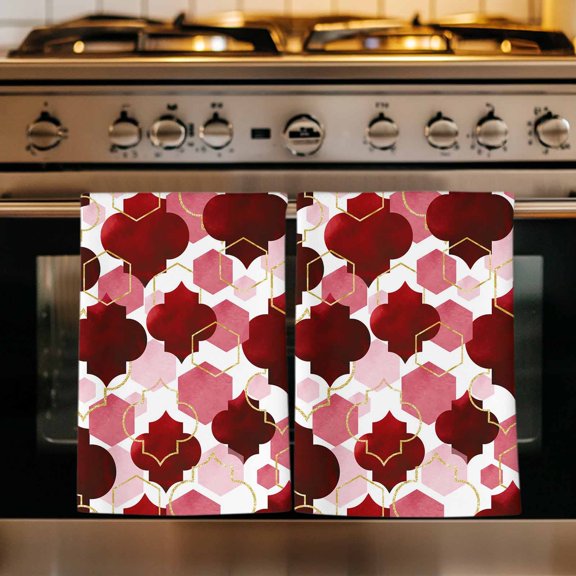 Red Geometric Moroccan Kitchen Towels Set of 3, Abstract Art Red Ombre Modern Absorbent Dish Towels for Kitchen, Microfiber Hand Towel, Quick Drying Tea Towel for Cleaning Decorative Dishcloths