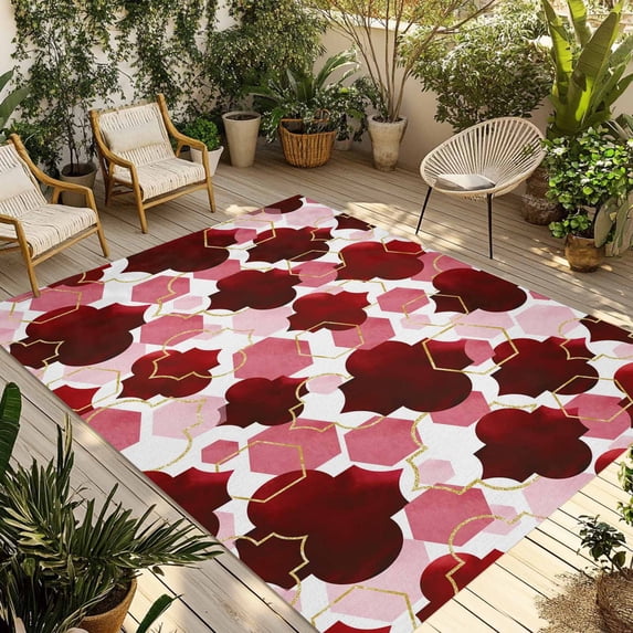Red Geometric Moroccan Outdoor Rug for Patio/Deck/Porch, Non-Slip Large Area Rug 5 x 7 Ft, Abstract Art Red Ombre Modern Indoor Outdoor Rugs Washable Area Rugs, Reversible Camping Rug Carpet Runner