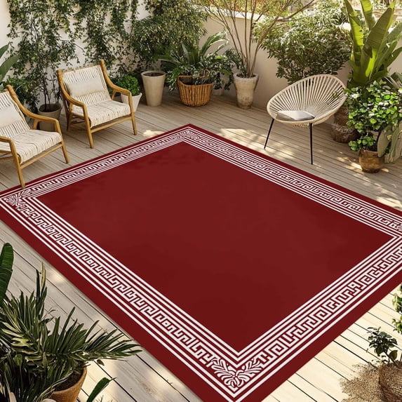 Red Geometric Outdoor Rug 4x6 Ft - Reversible Patio Rug Outdoor Camping Rugs, Country Farm Traditional Chinese Tile Washable Indoor Outdoor Area Rugs, Non-Slip Outdoor Carpet Runner for Deck/Porch