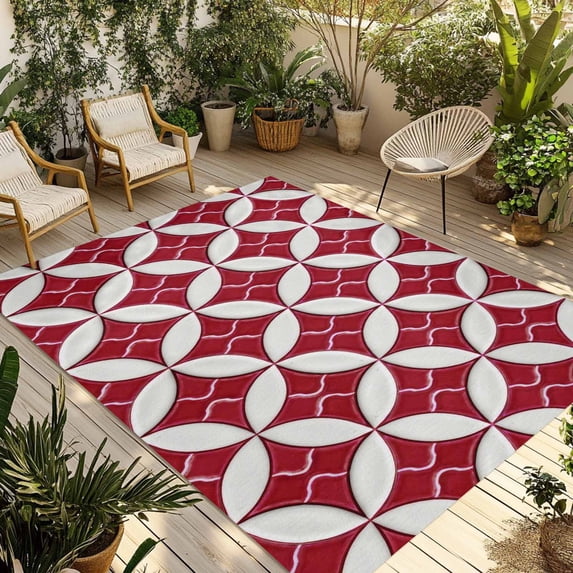 Red Geometric Outdoor Rug for Patio/Deck/Porch, Non-Slip Large Area Rug 3 x 5 Ft, Vintage Rhombus Circle Texture Indoor Outdoor Rugs Washable Area Rugs, Reversible Camping Rug Carpet Runner
