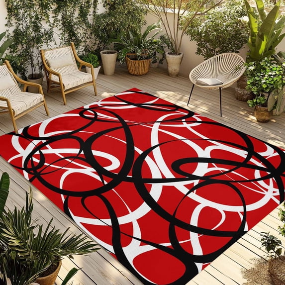 Red Geometric Outdoor Rug for Patio/Deck/Porch, Non-Slip Large Area Rug 4 x 6 Ft, Modern Abstract Black White Striped Lines Indoor Outdoor Rugs Washable Area Rugs, Camping Rug Carpet Runner