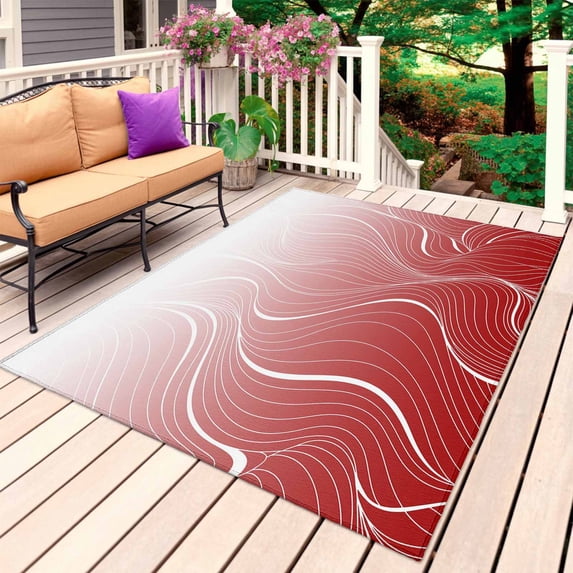 Red Geometric Outdoor Rug for Patio/Deck/Porch, Non-Slip Large Area Rug 5 x 8 Ft, Modern White Stripe Abstract Distortion Art Indoor Outdoor Rugs Washable Area Rugs, Camping Rug Carpet Runner