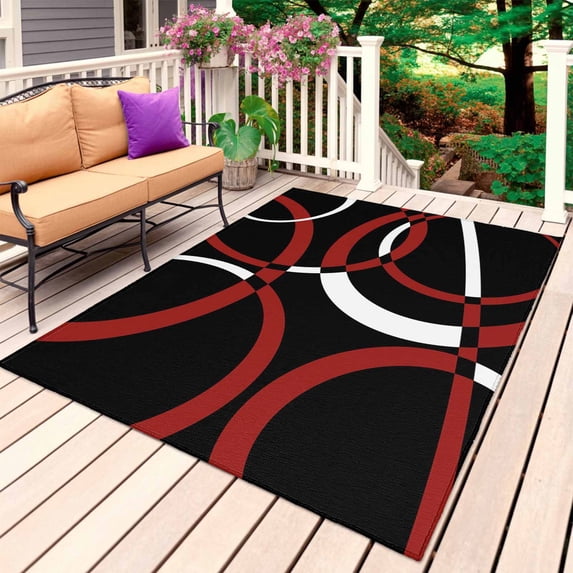 Red Geometric Outdoor Rug for Patio/Deck/Porch, Non-Slip Large Area Rug 6 x 9 Ft, Vintage Abstract Stripes Aesthetic Art Indoor Outdoor Rugs Washable Area Rugs, Reversible Camping Rug Carpet Runner