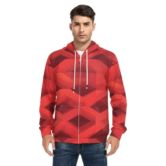 Red Geometric Patten Men’s Hoodies Sweatshirt with Full Zip Pockets Fleece Jackets