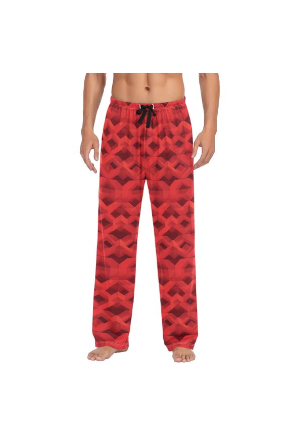 Red Geometric Patten Mens Pajama Pant Sleep and Lounge Bottons with Pockets