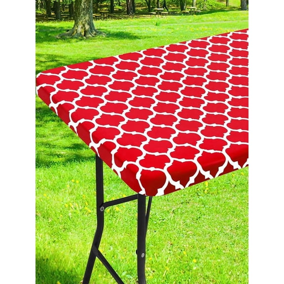 Red Geometric Pattern Waterproof Elastic Tablecloth Set 3pcs 72x30 Inch