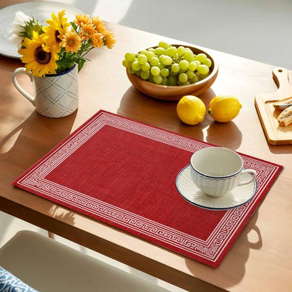Red Geometric Placemats Set of 2, White Greek Key Design Placemats for Dining Table, Burlap Place Mats for Kitchen Tabletop, Modern Art Waterproof Wipeable Dining Table Mats Set