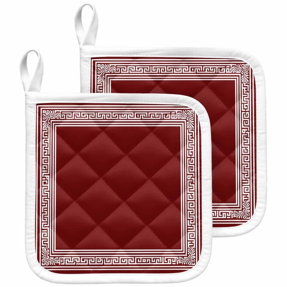 Red Geometric Pot Holders for Kitchen Heatproof Potholder, 2 Pack Country Farm Traditional Chinese Tile Hot Pads Multipurpose Oven Pads Cloth Potholders Trivet for Cooking and Baking