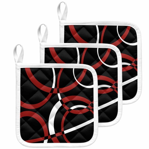Red Geometric Pot Holders for Kitchen Heatproof Potholder, 3 Pack Vintage Abstract Stripes Aesthetic Art Hot Pads Multipurpose Oven Pads Cloth Potholders Trivet for Cooking Baking