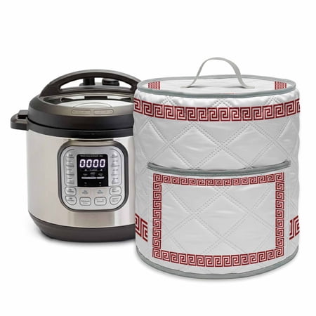 Red Geometric Pressure Cooker Cover Greek Pattern Chinese Dust Cover for Kitchen Appliances with Top Handle & Storage Pockets, Fits 6 Quart Instant Pot, Air Fryer, Crock Pot