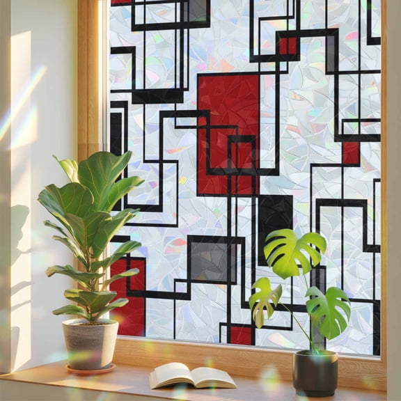 Red Geometric Privacy Window Film, Decorative Stained Glass Window Film, Modern Black Gray Abstract Striped Art Resuable Rainbow Static Cling for Home Bathroom Living Room Glass Door 29.5"x118"