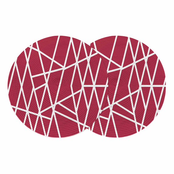 Red Geometric Round 13 Inch Placemats Set of 2, Abstract Stripes Modern Minimalist HeatResistant Non Slip Place Mats for Dining Table, Wipeable Braided Kitchen Table Mats for Housewarming