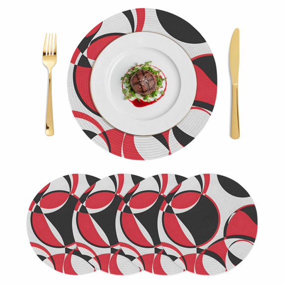 Red Geometric Round 13 Inch Placemats Set of 4, Modern Abstract Lines Textured HeatResistant Non Slip Place Mats for Dining Table, Wipeable Braided Kitchen Table Mats for Housewarming