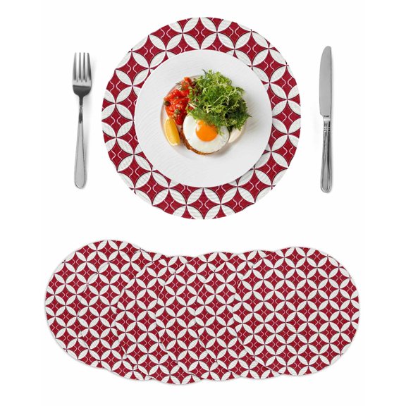 Red Geometric Round 13 Inch Placemats Set of 6, Vintage Rhombus Circle Texture HeatResistant Non Slip Place Mats for Dining Table, Wipeable Braided Kitchen Table Mats for Housewarming