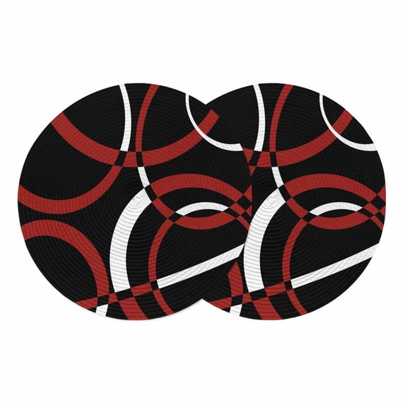 Red Geometric Round 15 Inch Placemats Set of 2, Vintage Abstract Stripes Aesthetic Art HeatResistant Non Slip Place Mats for Dining Table, Wipeable Braided Kitchen Table Mats for Housewarming