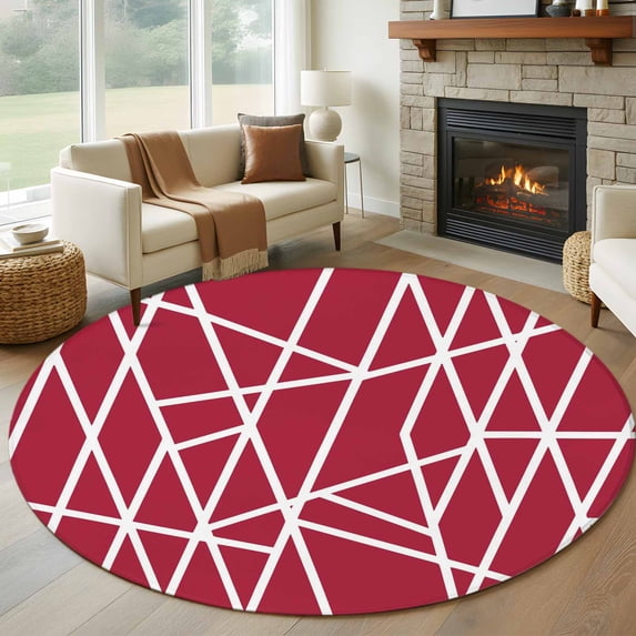 Red Geometric Round Area Rug 5Ft Washable Circle Rugs for Living Room Bedroom, Abstract Stripes Modern Minimalist Non-Slip Carpet Floor Mats Indoor Outdoor Carpet Runner Aesthetic Home Decor