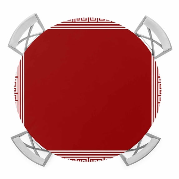 Red Geometric Round Fitted Tablecloth with Elastic Edge, Waterproof Table Cloth Table Cover for 55"-60" Tables, White Greek Key Design Abstract Modern Art Tablecloths for Dining Picnic Indoor Outdoor